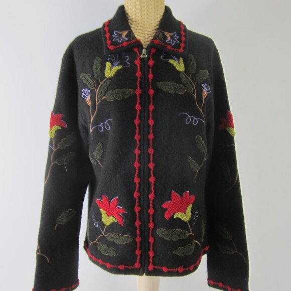 Tally Ho Sweaters - Tally Ho Womens S Black Boiled Wool Floral Full Zip Long Sleeve Jacket Cardigan